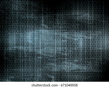 Dark abstract background and mesh of hexagons and vertical lines in vector illustration. Concept of grunge background with scratches and geometric shape of hexagon.