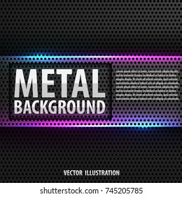 Dark abstract background with metal grille and neon glow, place for text vector illustration
