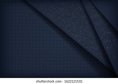 Dark abstract background navy blue with black overlap layers. Circle Texture with white and golden glitters dots element decoration.