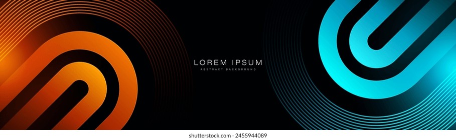 Dark abstract background with orange and blue light effect. Glowing diagonal rounded lines. Modern gradient geometric shape design element. Futuristic concept. Vector illustration