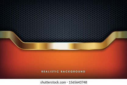 Dark abstract background with orange overlap layers. Texture with gold effect element decoration. Luxury design concept.