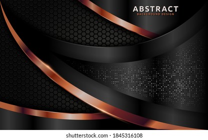 Dark abstract background with overlap layer texture and golden lines element.