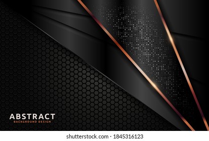 Dark abstract background with overlap layer texture and golden lines element.