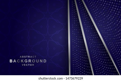 Dark abstract background with overlap layers. Blue texture with silver line effect decoration. Realistic backdrop.