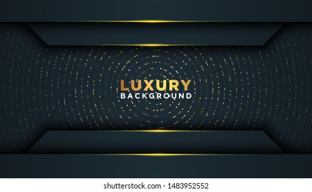 Dark abstract background with overlap layers. golden glitters dots element decoration. Luxury design concept.