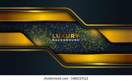 Dark abstract background with overlap layers. golden glitters dots element decoration. Luxury design concept.