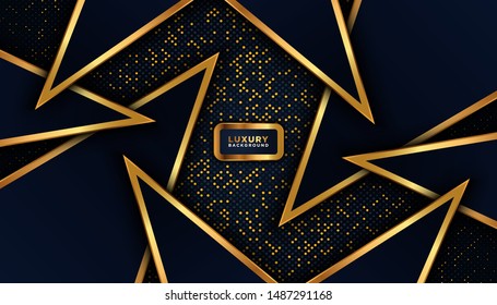 Dark abstract background with overlap layers. golden glitters dots element decoration. Luxury design concept.