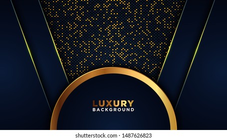 Dark abstract background with overlap layers. golden glitters dots element decoration. Luxury design concept.
