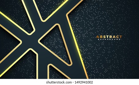 Dark abstract background with overlap layers. golden glitters dots element decoration. Luxury design concept.