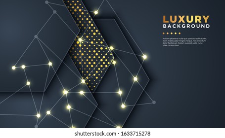Dark abstract background with overlap layers. golden glitters dots element decoration. Luxury design concept.