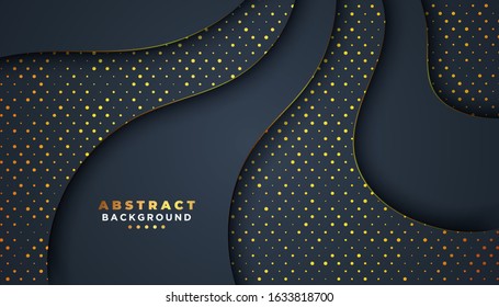 Dark abstract background with overlap layers. golden glitters dots element decoration. Luxury design concept.