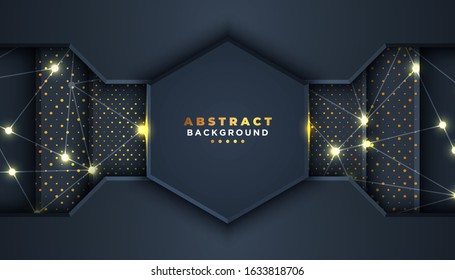 Dark abstract background with overlap layers. golden glitters dots element decoration. Luxury design concept.