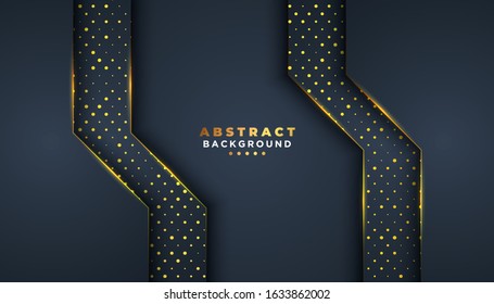 Dark abstract background with overlap layers. golden glitters dots element decoration. Luxury design concept.