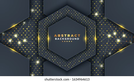 Dark abstract background with overlap layers. golden glitters dots element decoration. Luxury design concept.