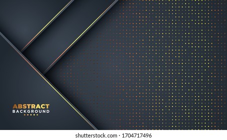 Dark abstract background with overlap layers. golden glitters dots element decoration. Luxury design concept.