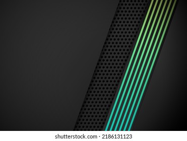 Dark Abstract Background Overlap Layers with Blue and Green Gradient Line Decoration