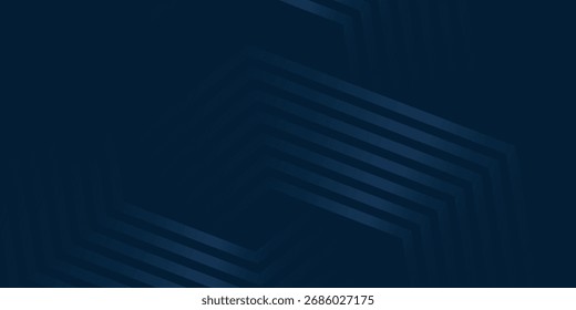 Dark abstract background with overlapping dark blue gradient hexagon effect decoration. Striped graphic design element for covers, flyers, cards, or brochures.