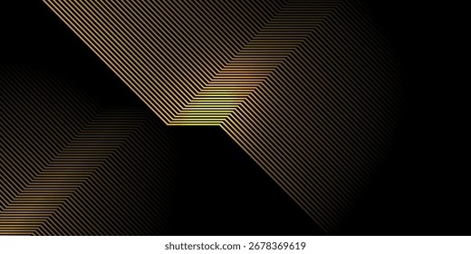 Dunkler abstrakter Hintergrund mit überlappenden goldenen Linien. Modernes Grafikdesign für Cover, Banner, Flyer, Karten oder Broschüren.