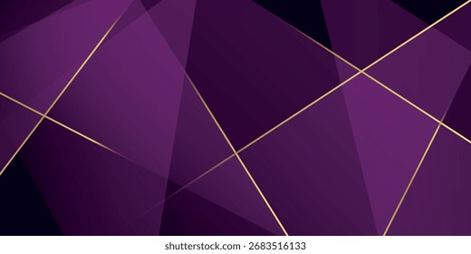 Dark abstract background with overlapping purple layers and luxurious gold line decoration. Modern graphic element cutout style concept for covers, banners, flyers, cards, and brochures.