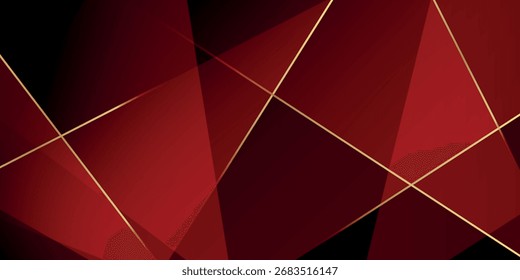 Dark abstract background with overlapping red layers and luxurious gold line decoration. Modern graphic element cutout style concept for covers, banners, flyers, cards, and brochures.