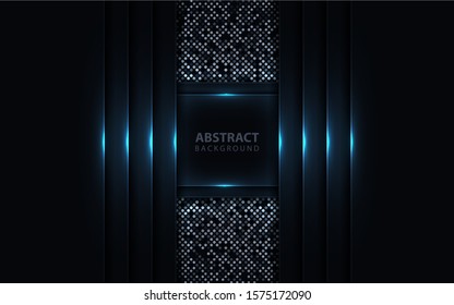 Dark abstract background with paper shapes overlap layers. Luxury and modern concept texture with silver glitters dots element decoration. Vector design template for use frame, cover, banner, card