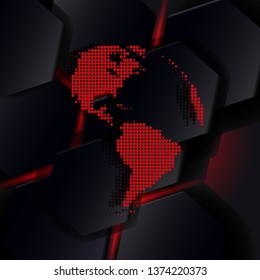 Dark abstract background with polygonal geometric shapes and abstract globe with 3D effect. Red continents made from multiple clusters. Modern cover design. Vector illustration.