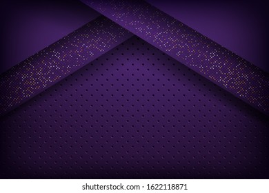 Dark abstract background purple with black overlap layers. Circle Texture with white and orange glitters dots element decoration.