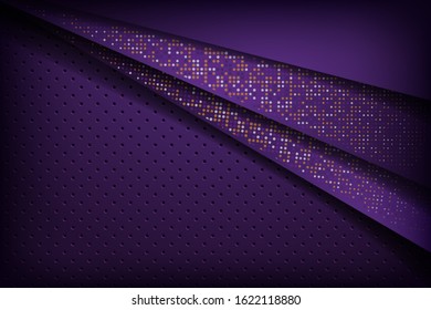 Dark abstract background purple with black overlap layers. Circle Texture with white and orange glitters dots element decoration.