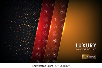 Dark abstract background with red, orange and yellow overlap layers. Realistic texture with light effect and golden glitters dots element decoration.