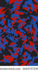 Dark abstract background with sharp red, blue, and black shards. Intense and edgy design perfect for grunge, urban, or tech visuals.