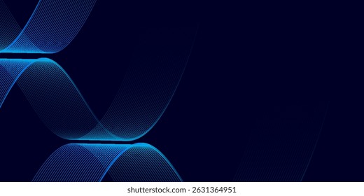 Dark abstract background with shining blue waves. Modern blue gradient flowing wave lines.