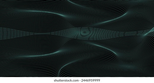 Dark abstract background with shining waves. Shiny moving lines design element. Modern white gradient flowing wave lines. Futuristic technology concept. Vector illustration