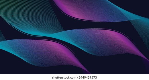 Dark abstract background with shining waves. Shiny moving lines design element. Modern blue purple gradient flowing wave lines. Eps10