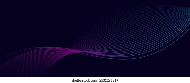 Dark abstract background with shining waves. Shiny moving lines design element. Modern blue purple gradient flowing wave lines. vector