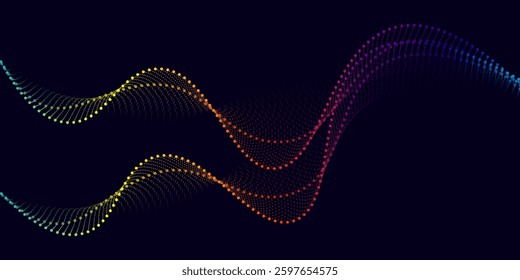 Dark abstract background with shining waves. Shiny moving lines design element. Modern blue purple gradient flowing wave lines. vector