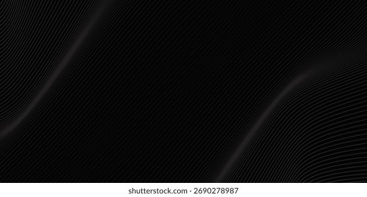 Dark abstract background with smooth flowing wavy lines creating a modern and elegant texture, perfect for tech designs, banners, and luxury branding.