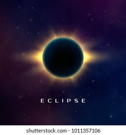 Dark abstract background with a solar eclipse. Total eclipse of the sun. Fantasy vector illustration