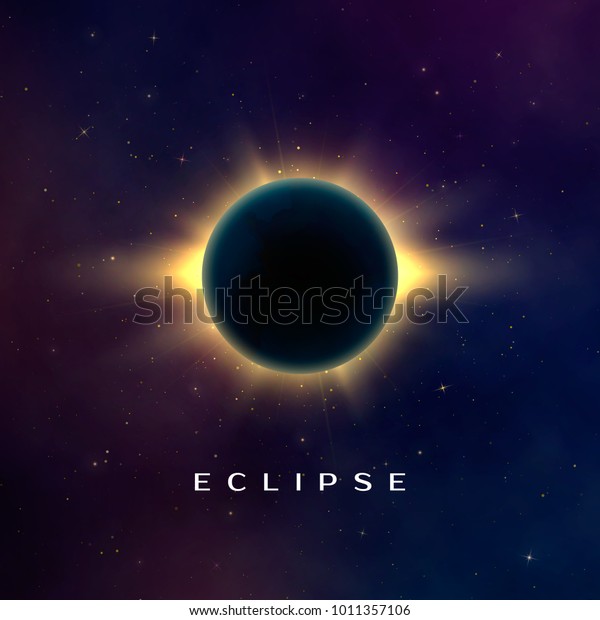 Dark abstract background with\
a solar eclipse. Total eclipse of the sun. Fantasy vector\
illustration