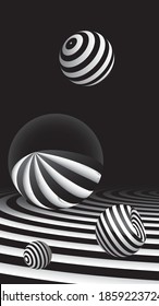 Dark abstract background with spheres and concentric circles. Modern screen vector design for mobile