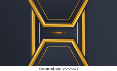 Dark abstract background . Texture with golden line and hexagon pattern. Modern vector design template.