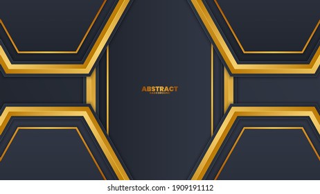 Dark abstract background . Texture with golden line and hexagon pattern. Modern vector design template.