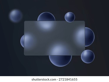 Fundo abstrato escuro com uma bandeira de vidro translúcido e esferas azuis flutuantes.