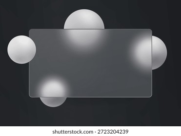 Dunkler abstrakter Hintergrund mit einem durchscheinenden Glasbanner und weißen schwebenden Kugeln, minimalistisch geometrisch