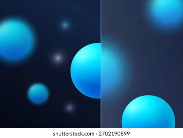 Fundo abstrato escuro com um painel de vidro transparente e esferas azuis luminosas, design moderno de vidro de tecnologia.