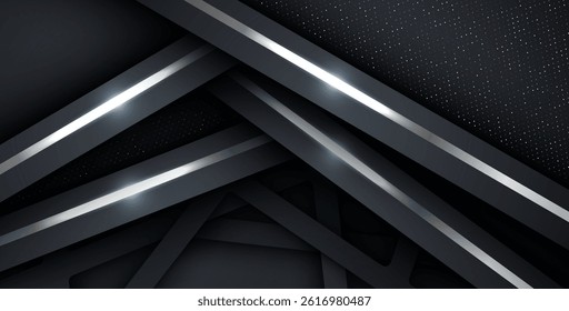 dark abstract background with triangle square black overlap layers. silver list and silver glitters dots element on slash papercut textured background. eps10 vector