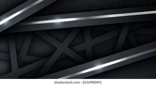 dark abstract background with triangle square black overlap layers. silver list and silver glitters dots element on slash papercut textured background. eps10 vector
