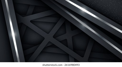 dark abstract background with triangle square black overlap layers. silver list and silver glitters dots element on slash papercut textured background. eps10 vector