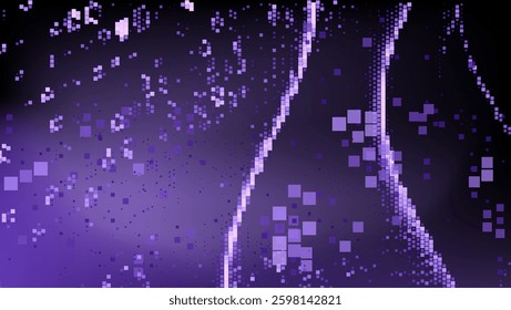 Dark abstract background with various purple squares scattered across. This digital-themed pattern conveys a sense of mystery and modern technology.