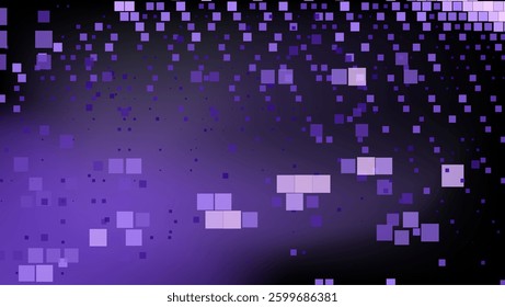 Dark abstract background with various purple squares scattered across. This digital-themed pattern conveys a sense of mystery and modern technology.