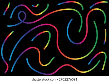 Dunkler abstrakter Hintergrund mit lebendigen Regenbogen neon gekrümmten Linien